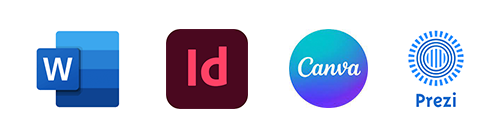 ebrochure tools; MS word, indesign, prezi and canva logos