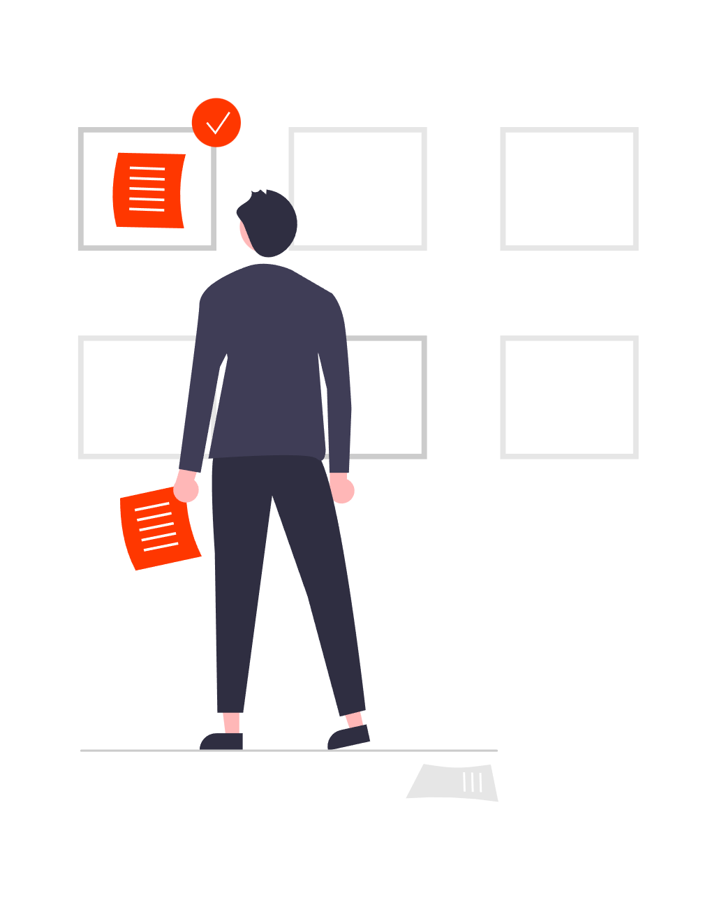 drawing of a man looking at pieces of paper stuck on a wall, planning content
