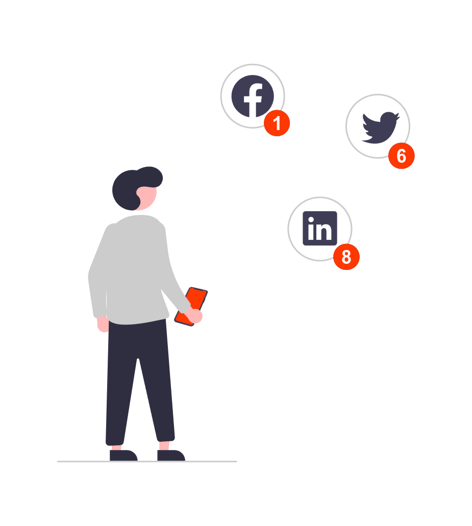 drawing of a man looking at social media icons and holding a mobile phone