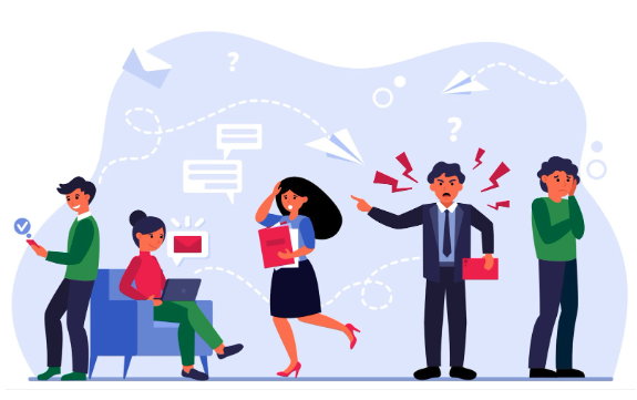 cartoon of people working at a marketing agency looking stressed and flustered